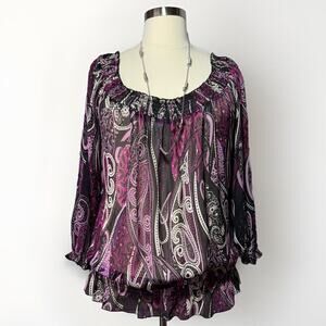 Pure Energy Sheer Top Women’s Size 1X Paisley Print Peasant Boho Chic Casual